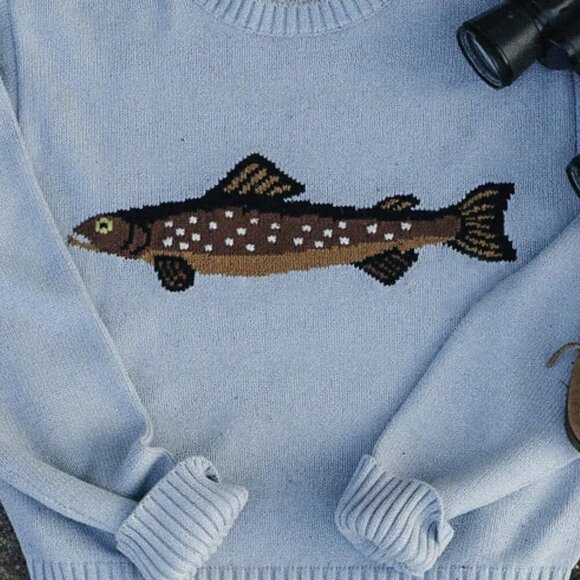 Blue Casual Women's Fish Graphic Long Sleeve Crew Neck Loose Knit  Sweater - Picture 5 of 6